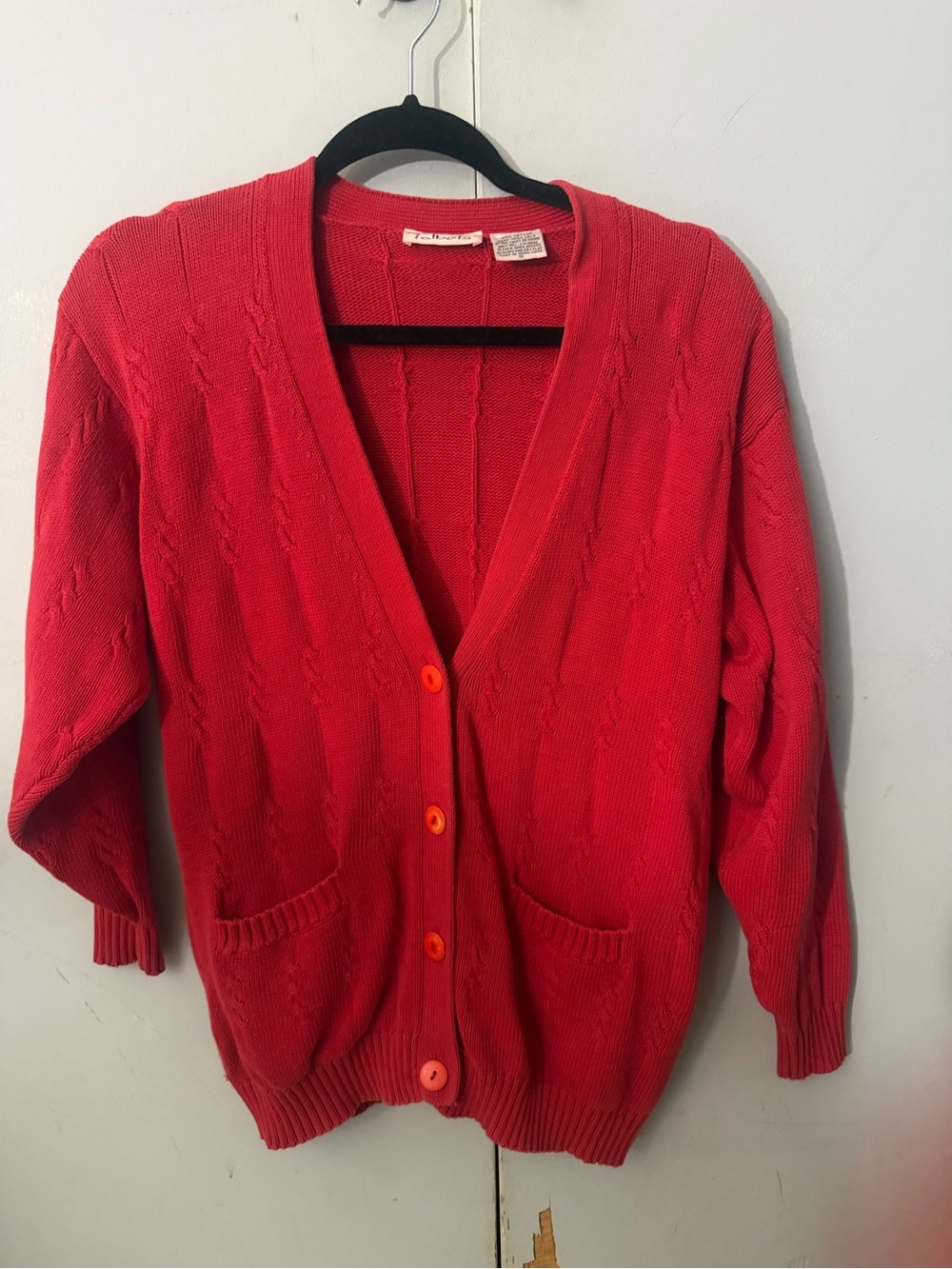 Vintage Talbots Red Cable Knit Cardigan Sweater 100% Cotton S